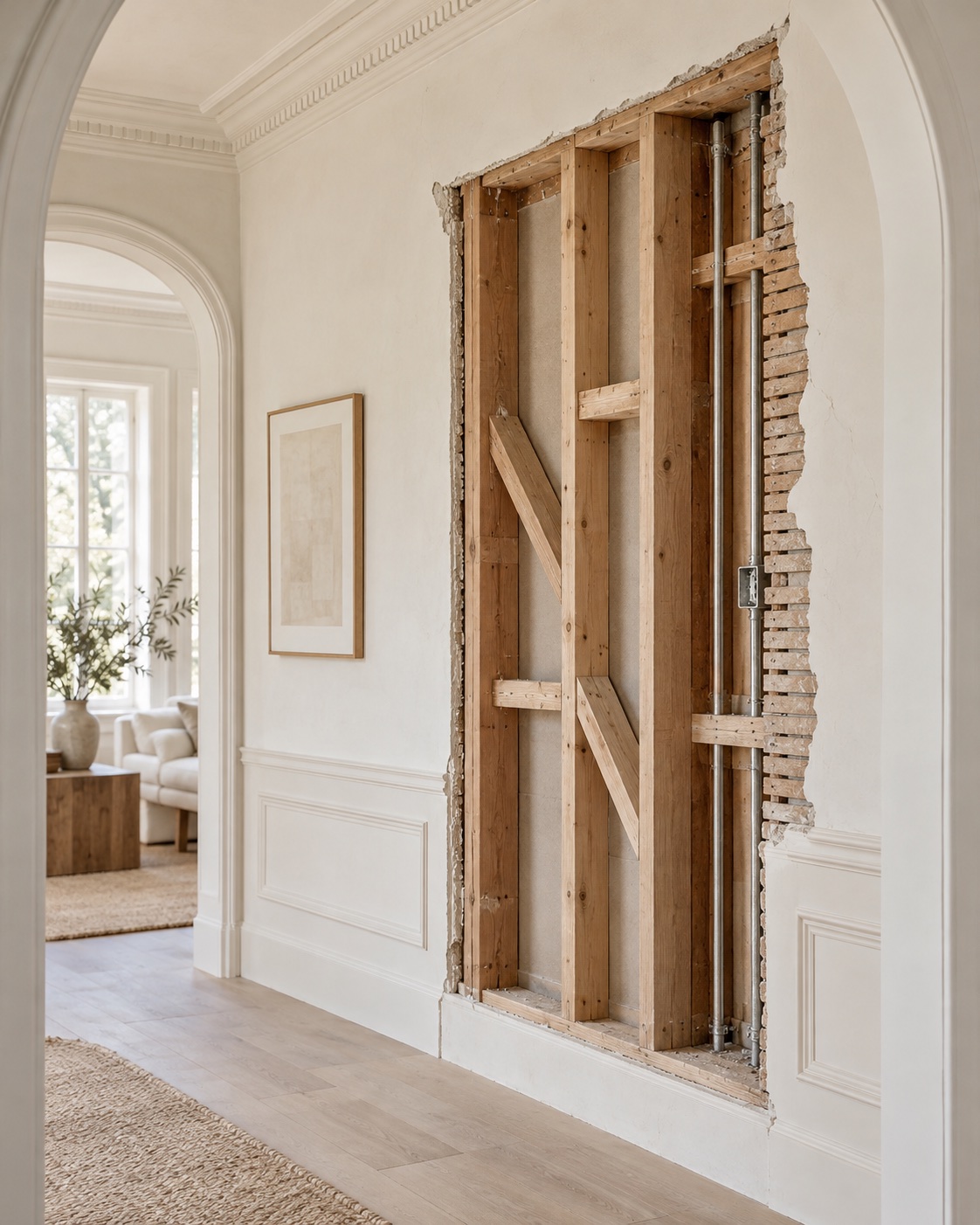 A refined interior with an opened plaster wall revealing wooden framing