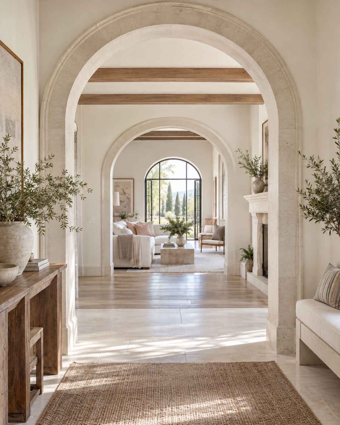 A restored light-filled interior with arches and open connected rooms