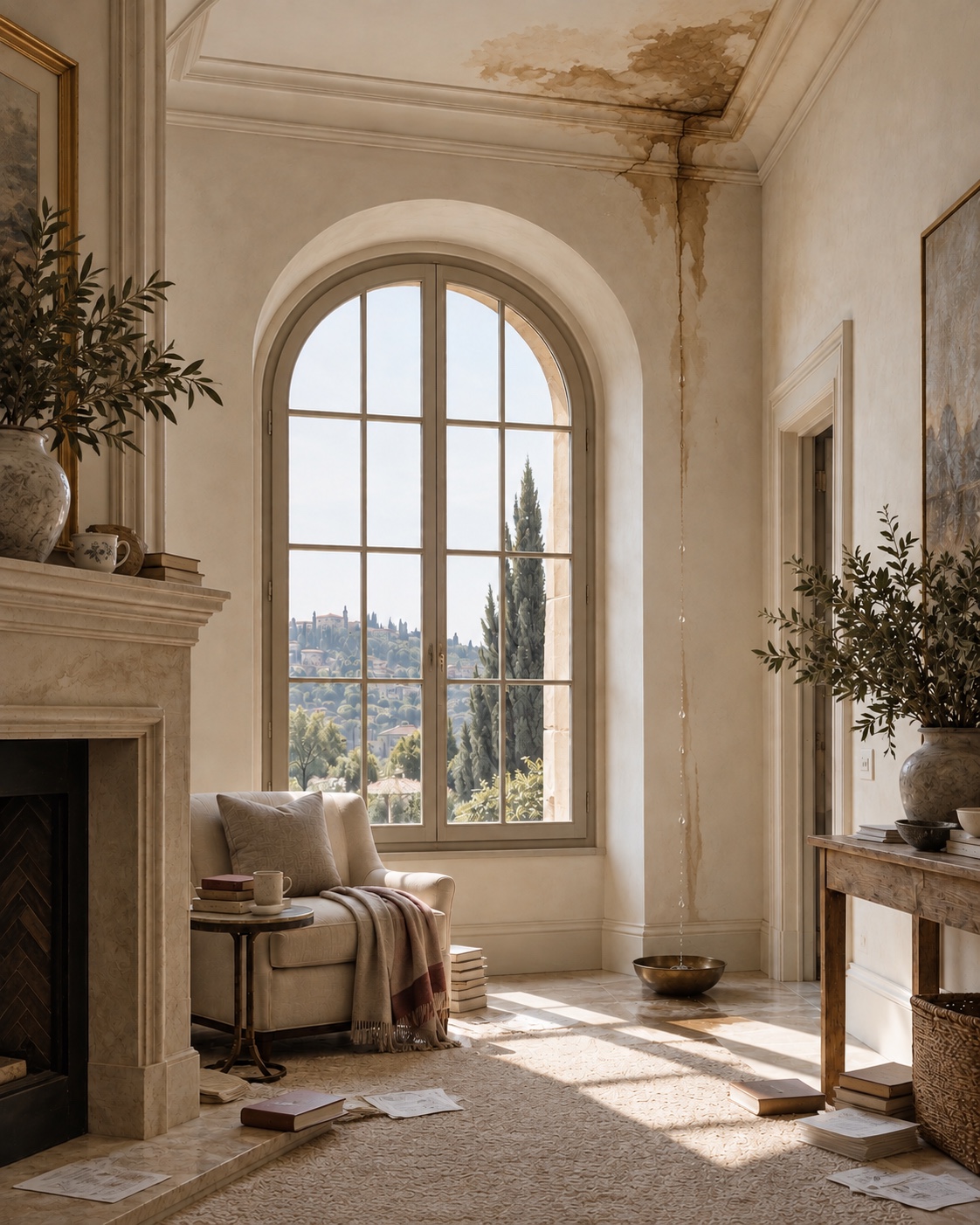 A sunlit Tuscan reading nook with a cracked ceiling leaking into a brass bowl
