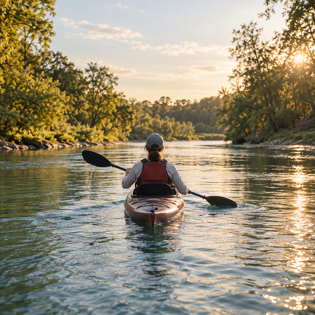 A kayaker seen from behind paddling along a peaceful tree-lined river