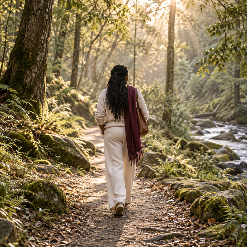 A Black woman taking an intentional morning walk through a sunlit woodland