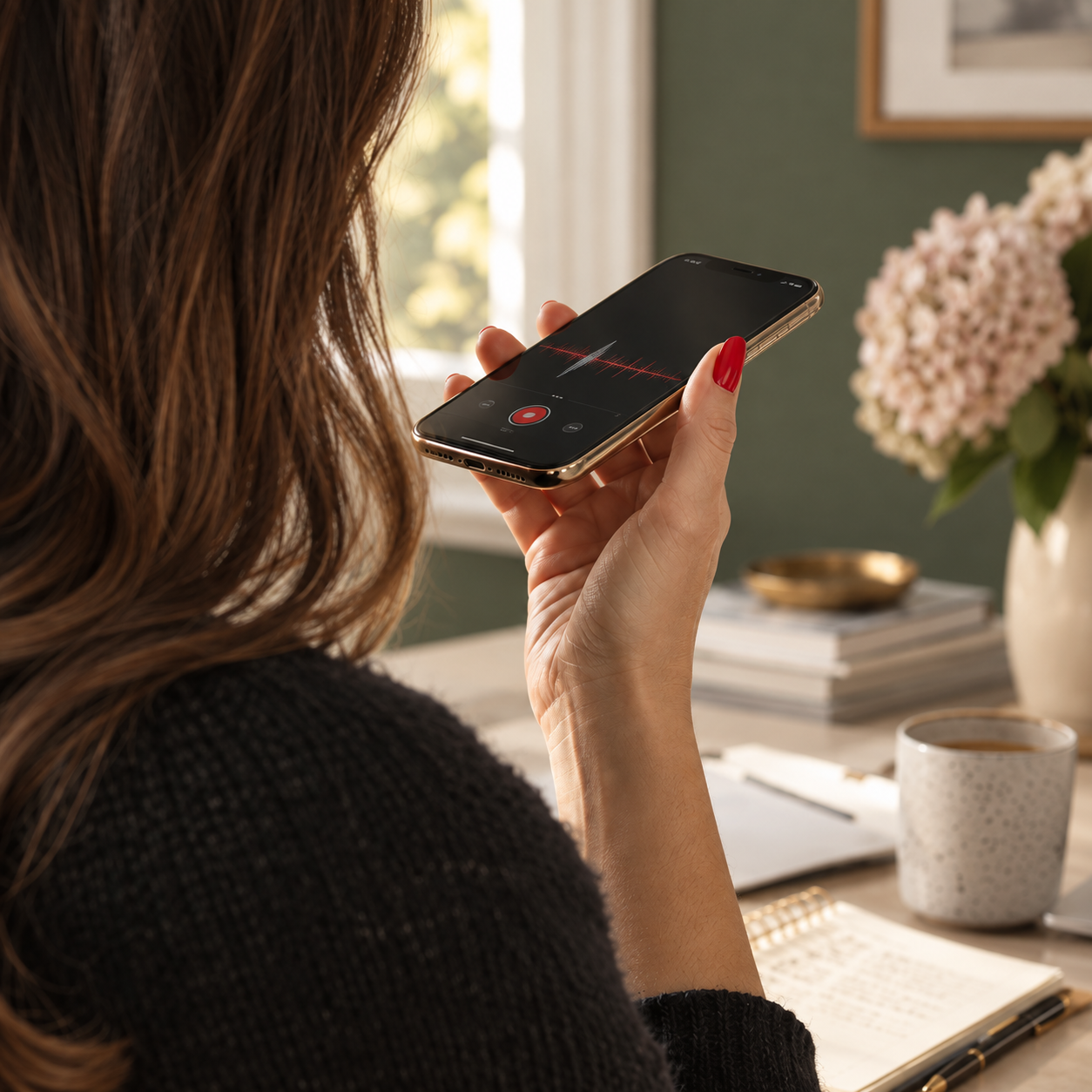A brown-haired woman with red nails recording a voice note on her phone