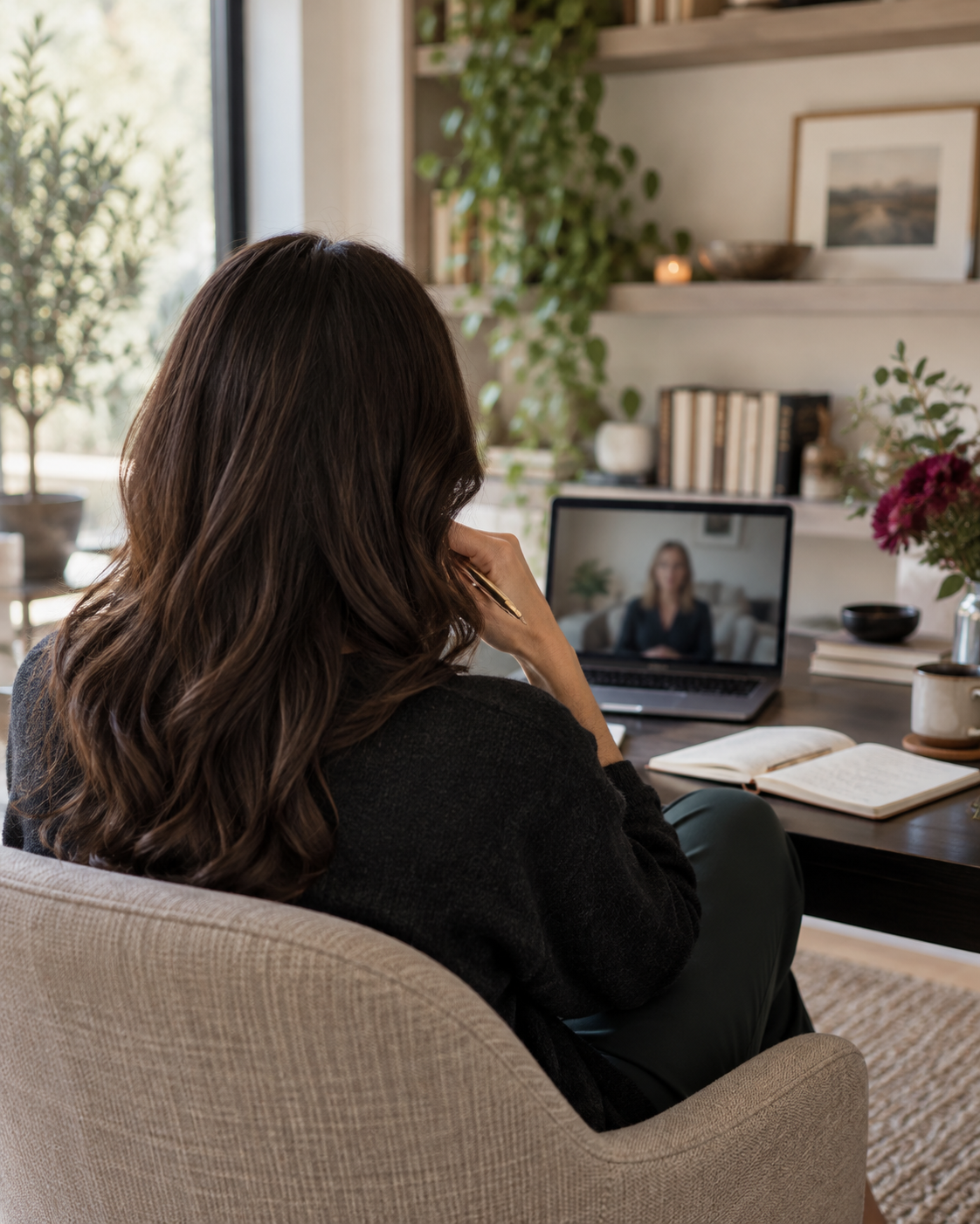 A woman seated for a reflective coaching conversation in a quiet home office