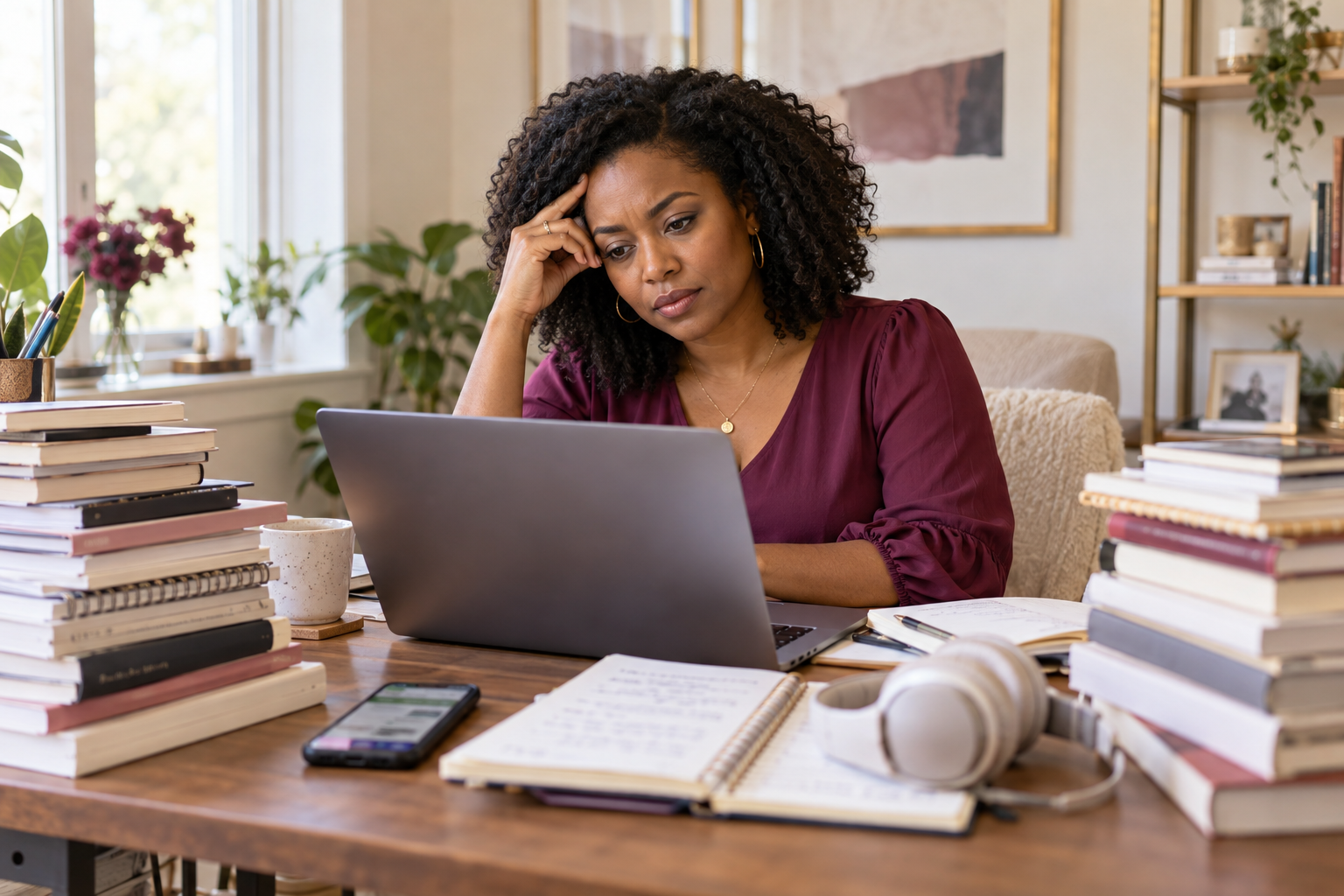 Business owner pausing at her laptop amid stacks of books and notes